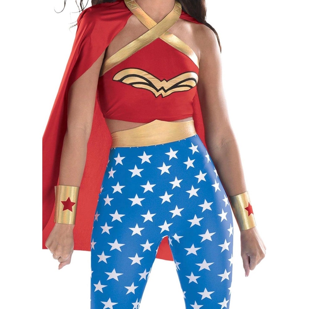 DC Comics Wonder Woman Costume Set Womens Large 10-12 Top Leggings Cape Cuffs - Picture 3 of 4